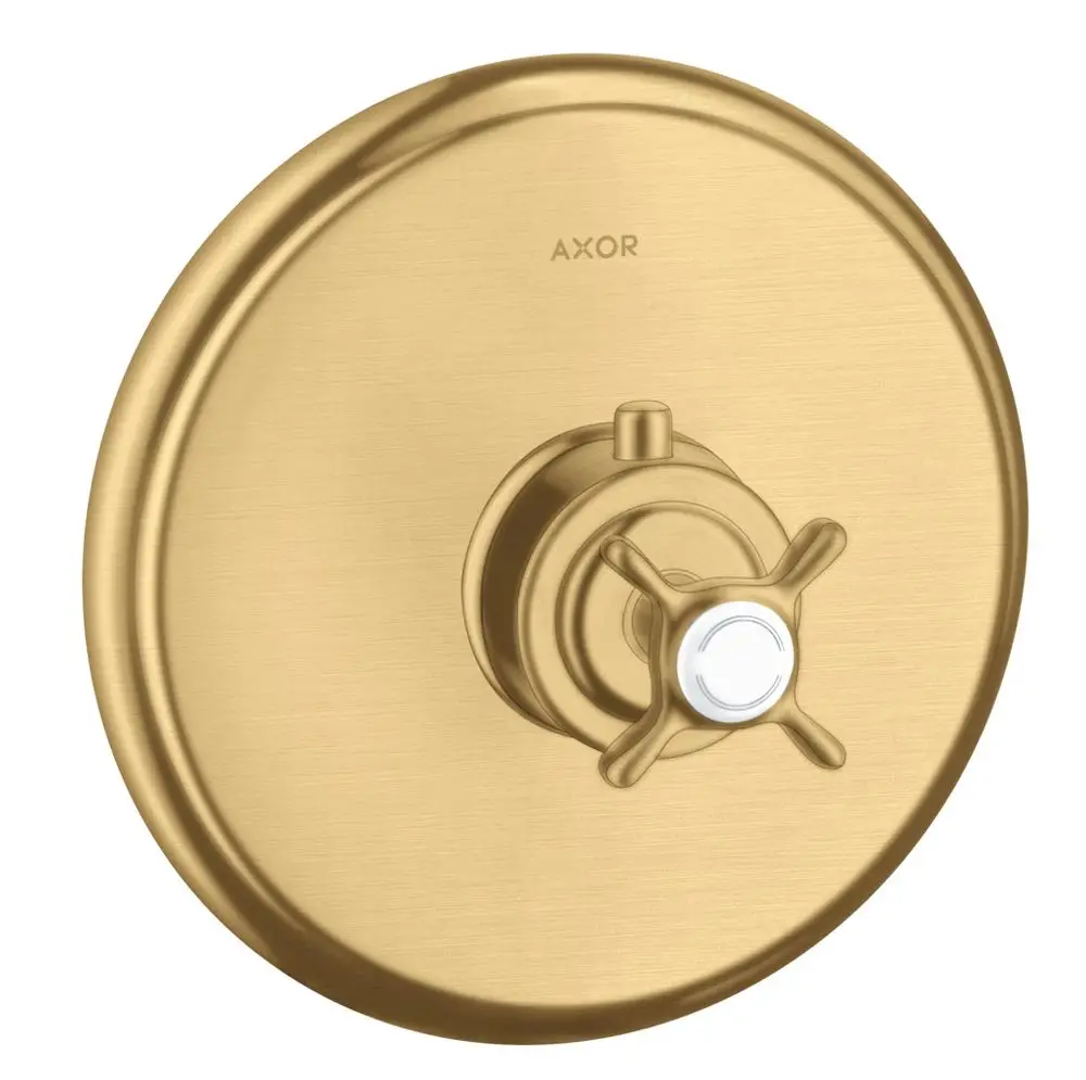 Thermostat-Unterputz-Armatur mit Kreuzgriff in Brushed Gold Optik von AXOR, runde Abdeckung mit zentralem Bedienknopf.